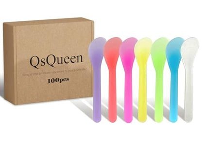 QsQueen 100 PCS Cosmetic Spatulas, 7 Colors – Reusable Hygienic Makeup Scoop for Face Masks, Creams & Skincare, Flexible PP Tool for Mixing, Sampling, DIY, Salon & Travel