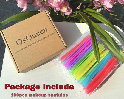 QsQueen 100 PCS Cosmetic Spatulas, 7 Colors – Reusable Hygienic Makeup Scoop for Face Masks, Creams & Skincare, Flexible PP Tool for Mixing, Sampling, DIY, Salon & Travel