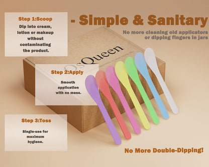 QsQueen 100 PCS Cosmetic Spatulas, 7 Colors – Reusable Hygienic Makeup Scoop for Face Masks, Creams & Skincare, Flexible PP Tool for Mixing, Sampling, DIY, Salon & Travel