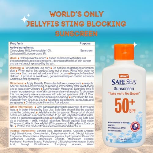 Safe Sea SPF 50+ Jellyfish Sting-Blocking Sunscreen Lotion, Waterproof & Biodegradable, 4oz – Body & Face Protection Avelisse