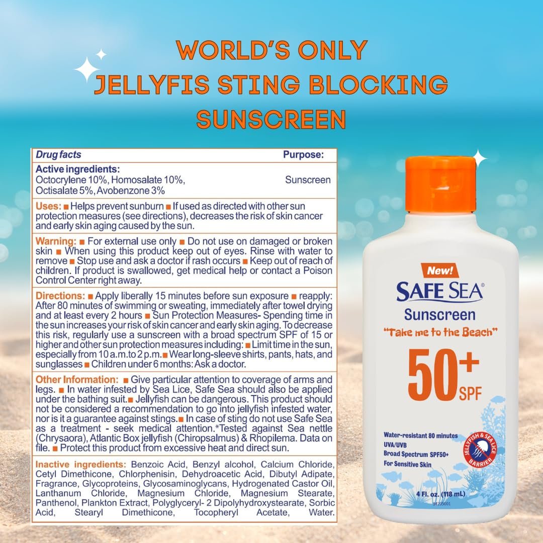 Safe Sea SPF 50+ Jellyfish Sting-Blocking Sunscreen Lotion, Waterproof & Biodegradable, 4oz – Body & Face Protection Avelisse