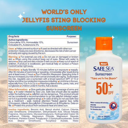 Safe Sea SPF 50+ Jellyfish Sting-Blocking Sunscreen Lotion, Waterproof & Biodegradable, 4oz – Body & Face Protection Avelisse
