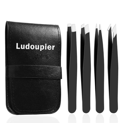 LUDOUPIER Precision Tweezers Set – 4+1 Piece Professional Stainless Steel Tweezers with Travel Case for Eyebrow, Facial & Ingrown Hair Removal – Anti-Rust, Multi-Purpose for Women & Men