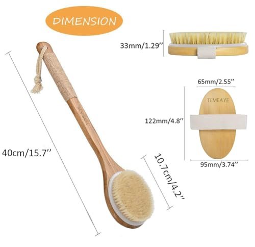 TEMEAYE Dry Brushing Body Brush Set – Wooden Handle with Medium Strength Natural Bristles for Gentle Exfoliation, Lymphatic Drainage & Softer Skin (2 Piece Set) Avelisse