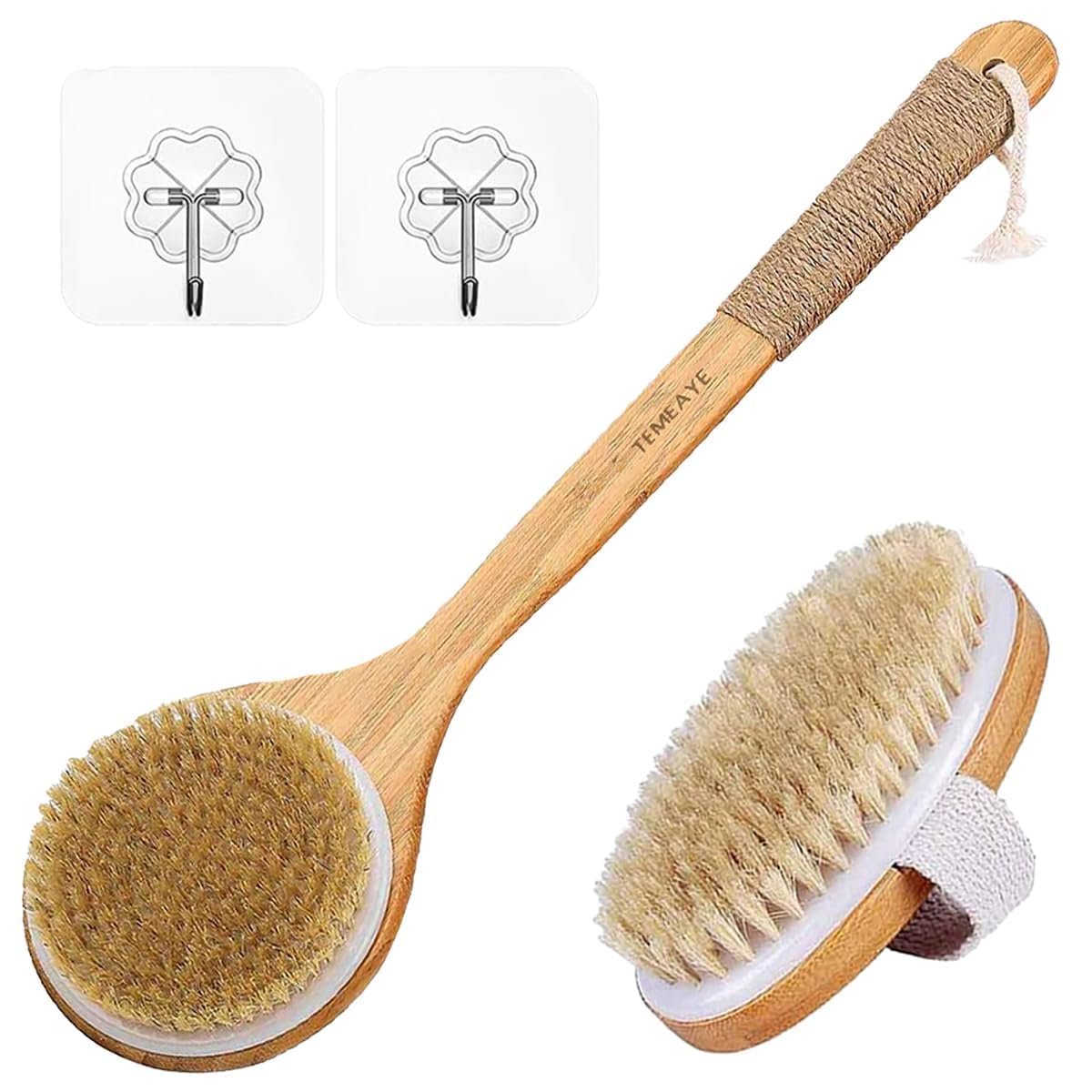 TEMEAYE Dry Brushing Body Brush Set – Wooden Handle with Medium Strength Natural Bristles for Gentle Exfoliation, Lymphatic Drainage & Softer Skin (2 Piece Set) Avelisse