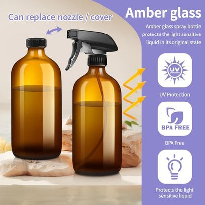 Sietpoek 9-Pack Glass Spray Bottles 16oz - Empty Amber Refillable Containers for Essential Oils, Cleaning, Aromatherapy Avelisse