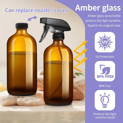 Sietpoek 9-Pack Glass Spray Bottles 16oz - Empty Amber Refillable Containers for Essential Oils, Cleaning, Aromatherapy Avelisse