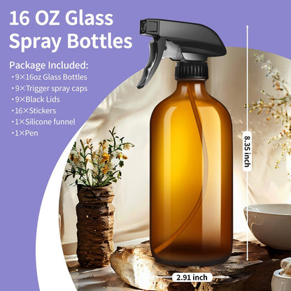 Sietpoek 9-Pack Glass Spray Bottles 16oz - Empty Amber Refillable Containers for Essential Oils, Cleaning, Aromatherapy Avelisse