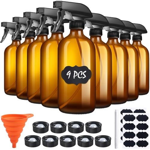 Sietpoek 9-Pack Glass Spray Bottles 16oz - Empty Amber Refillable Containers for Essential Oils, Cleaning, Aromatherapy Avelisse