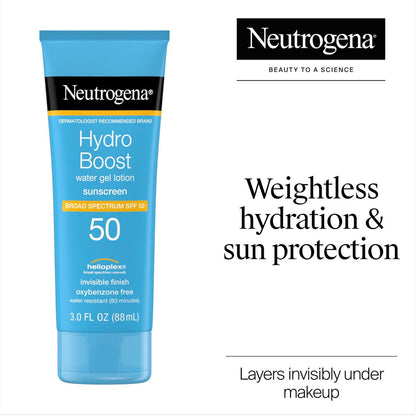 Neutrogena Hydro Boost Water Gel Sunscreen SPF 50, Oil-Free Hydrating & Water-Resistant Face & Body Sunscreen Lotion, Non-Greasy, Broad Spectrum, Lightweight Moisturizer, 3 fl oz