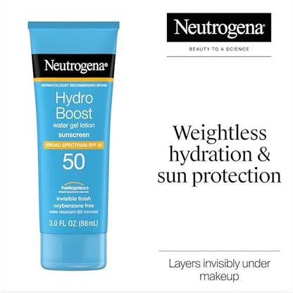 Neutrogena Hydro Boost Water Gel Sunscreen SPF 50, Oil-Free Hydrating & Water-Resistant Face & Body Sunscreen Lotion, Non-Greasy, Broad Spectrum, Lightweight Moisturizer, 3 fl oz