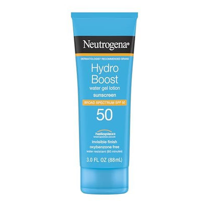 Neutrogena Hydro Boost Water Gel Sunscreen SPF 50, Oil-Free Hydrating & Water-Resistant Face & Body Sunscreen Lotion, Non-Greasy, Broad Spectrum, Lightweight Moisturizer, 3 fl oz
