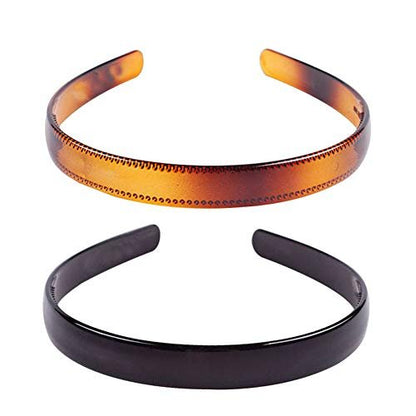 Set of 2 Simple Fashion Plastic Headbands – Fine Tooth Hairbands for Women & Girls (Black + Brown)