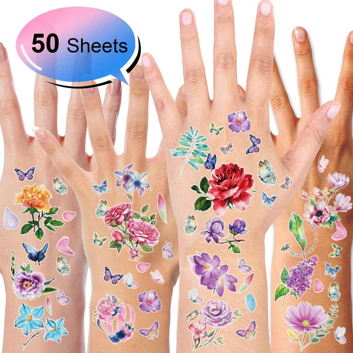 Konsait 50 Sheets Flower Temporary Tattoos for Women, Teens, Girls – Waterproof Body Art Stickers with Butterflies, Lotus, Cherry Blossoms, and More - görsel 11