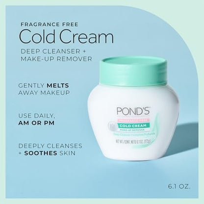 POND'S Cold Cream Make-Up Remover & Deep Cleanser, Fragrance-Free, 2-Pack | Non-Comedogenic, Hypoallergenic, Dermatologist-Tested, 6.1 oz Each Avelisse