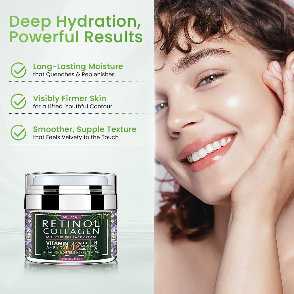 WUMAL Retinol Cream with Collagen & Hyaluronic Acid - Face Moisturizer for Women and Men - Reduces Wrinkles, Fine Lines and Dryness - 1.7 oz Avelisse