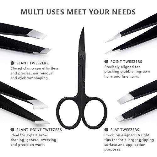 Professional Stainless Steel Tweezers Set 5-Piece with Scissors and Leather Travel Case - Precision Eyebrow, Splinter & Ingrown Hair Removal Tool Kit - görsel 4