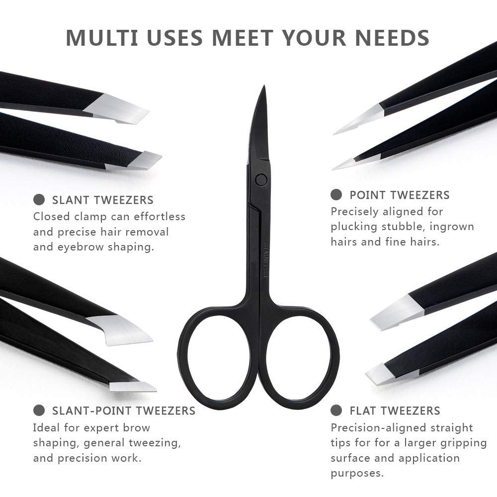 Professional Stainless Steel Tweezers Set 5-Piece with Scissors and Leather Travel Case - Precision Eyebrow, Splinter & Ingrown Hair Removal Tool Kit - görsel 3