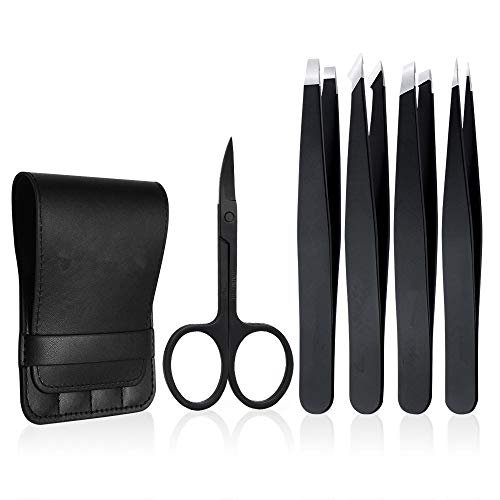 Professional Stainless Steel Tweezers Set 5-Piece with Scissors and Leather Travel Case - Precision Eyebrow, Splinter & Ingrown Hair Removal Tool Kit - görsel 2