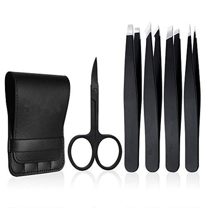 Professional Stainless Steel Tweezers Set 5-Piece with Scissors and Leather Travel Case - Precision Eyebrow, Splinter & Ingrown Hair Removal Tool Kit