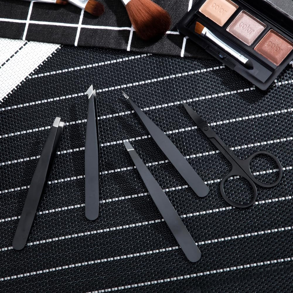 Professional Stainless Steel Tweezers Set 5-Piece with Scissors and Leather Travel Case - Precision Eyebrow, Splinter & Ingrown Hair Removal Tool Kit - görsel 7