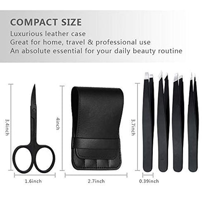 Professional Stainless Steel Tweezers Set 5-Piece with Scissors and Leather Travel Case - Precision Eyebrow, Splinter & Ingrown Hair Removal Tool Kit