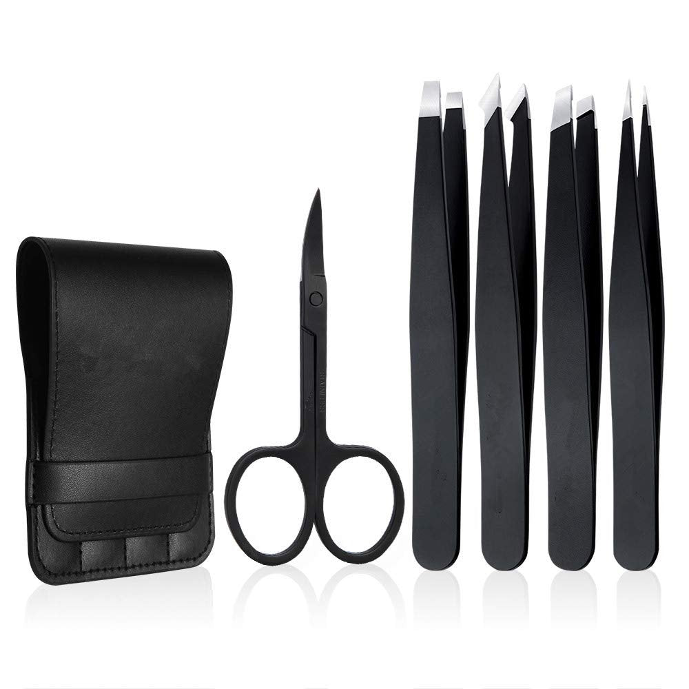 Professional Stainless Steel Tweezers Set 5-Piece with Scissors and Leather Travel Case - Precision Eyebrow, Splinter & Ingrown Hair Removal Tool Kit - görsel 1