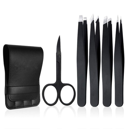 Professional Stainless Steel Tweezers Set 5-Piece with Scissors and Leather Travel Case - Precision Eyebrow, Splinter & Ingrown Hair Removal Tool Kit