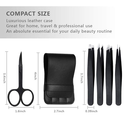 Professional Stainless Steel Tweezers Set 5-Piece with Scissors and Leather Travel Case - Precision Eyebrow, Splinter & Ingrown Hair Removal Tool Kit