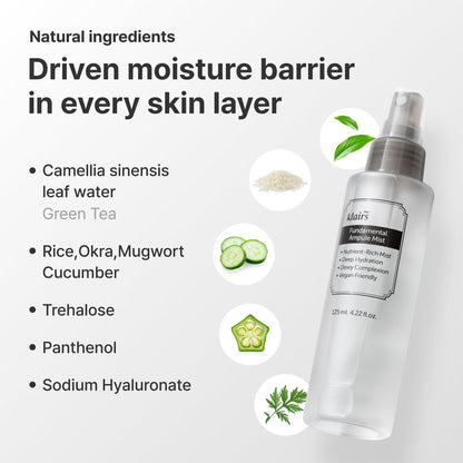 DearKlairs Fundamental Ampoule Mist - 75% Green Tea Korean Face Toner Spray, Lightweight Hydrating Mist for Dewy Healthy Glow, Makeup Setting, Fragrance-Free, 4.22 Fl Oz Avelisse