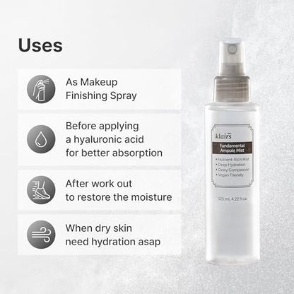 DearKlairs Fundamental Ampoule Mist - 75% Green Tea Korean Face Toner Spray, Lightweight Hydrating Mist for Dewy Healthy Glow, Makeup Setting, Fragrance-Free, 4.22 Fl Oz Avelisse