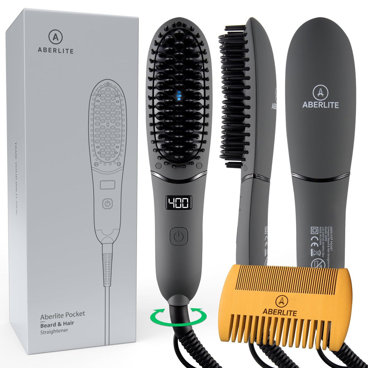 Aberlite Pocket Compact Beard Straightener for Men - Ionic & Anti-Scald Technology - Ceramic Heat Brush Comb for Home and Travel Avelisse