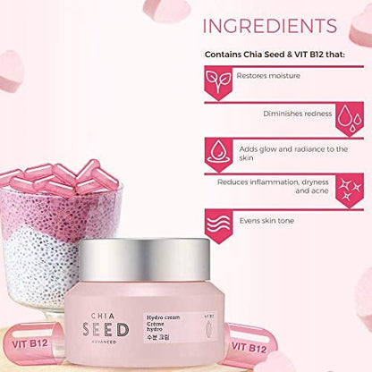 The Face Shop Chia Seed Advanced Hydro Cream - Concentrated Gel Type Hydrating Face Moisturizer with Instant Cooling Effect, 1.76 Fl Oz