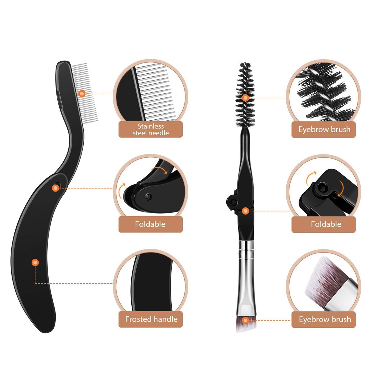 Boao 4-Piece Folding Eyebrow Comb & Eyelash Separator Set - Black, Stainless Steel & Plastic Grooming Tools - görsel 8