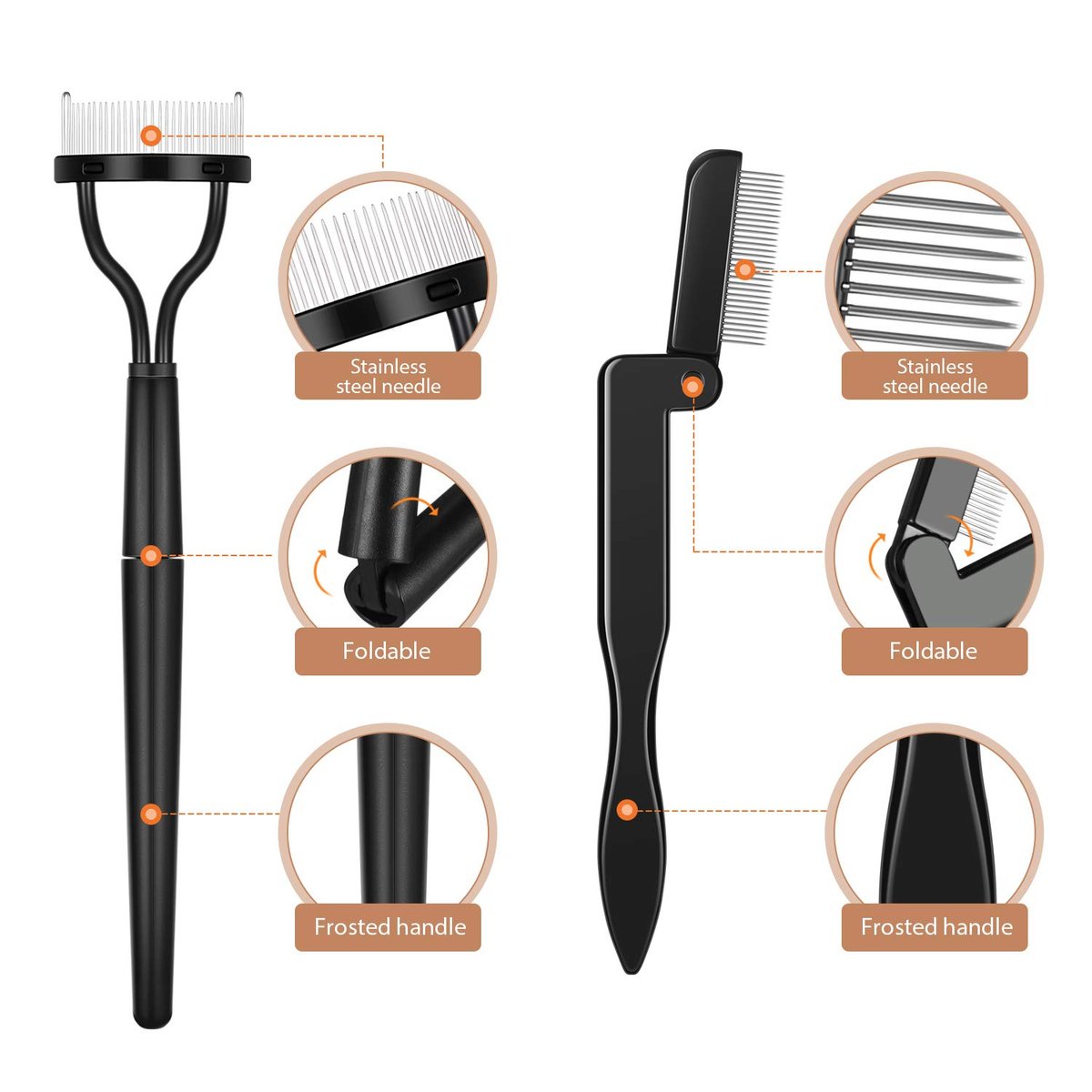 Boao 4-Piece Folding Eyebrow Comb & Eyelash Separator Set - Black, Stainless Steel & Plastic Grooming Tools - görsel 6