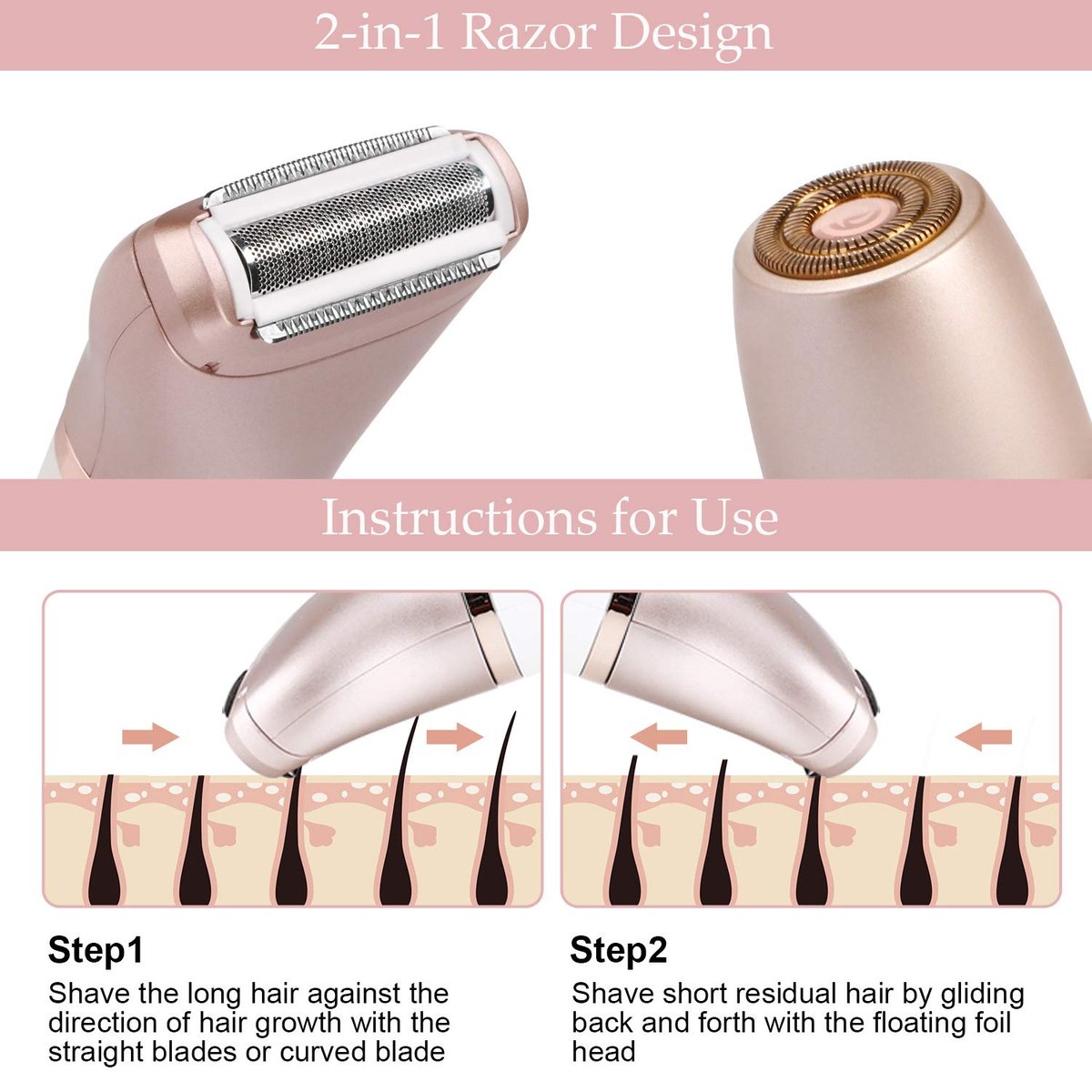 RenFox Electric Razor for Women - Painless 2-in-1 Shaver, Wet & Dry, Rechargeable, Rose Gold Avelisse