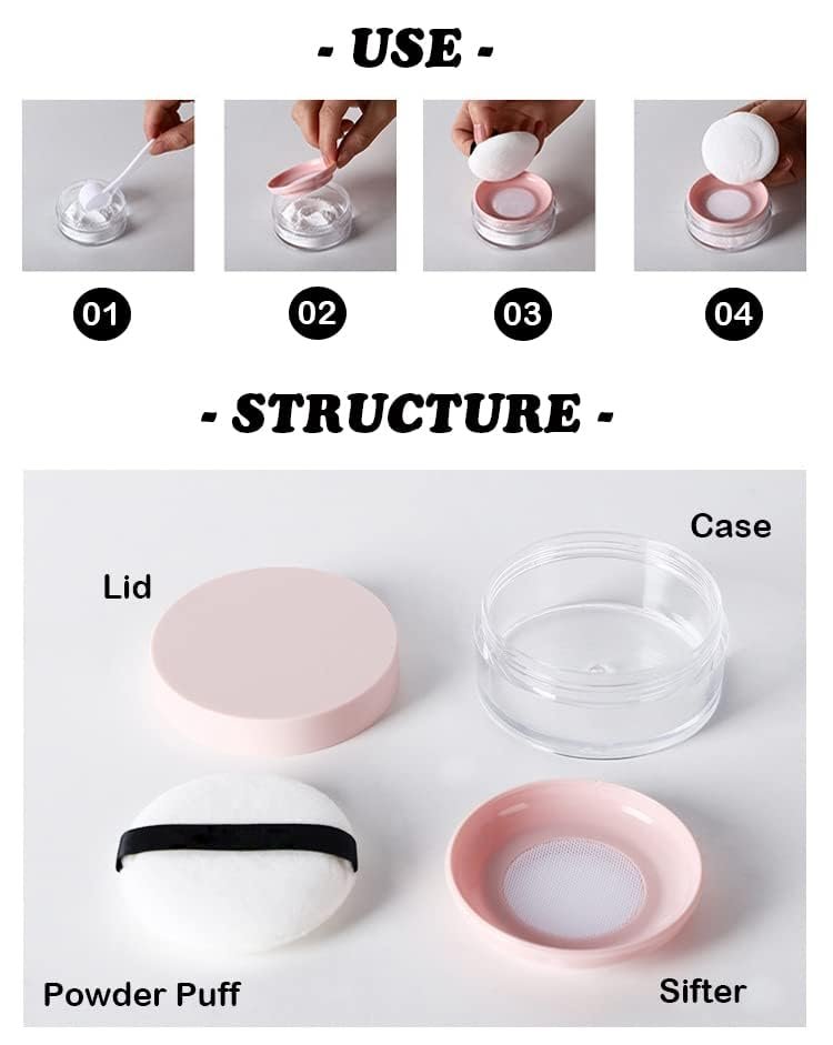 AKOAK 10 ml Empty Loose Powder Compact Container – No Leaks, Reusable Plastic Case with Sponge Puff & Elastic Net Sifter (Pink, 1 Pack) - görsel 12