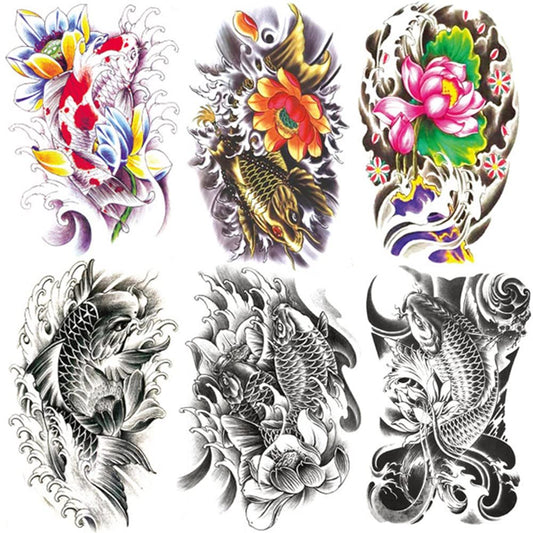 Oottati Old School Koi Carp Lucky Golden Fish Temporary Tattoo Stickers - 6 Sheets, 21x15cm, Perfect for Parties and Events