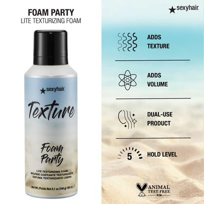 SexyHair Texture Foam Party Lite Texturizing Foam, 5.2 oz - Lightweight Volumizing Hair Foam for Flexible Texture Avelisse
