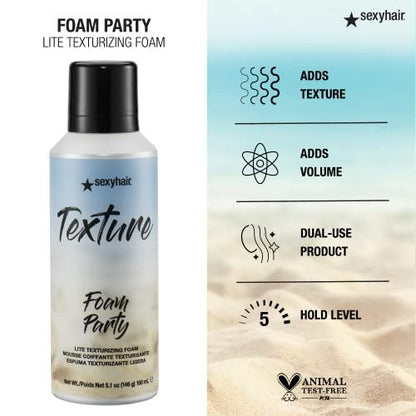 SexyHair Texture Foam Party Lite Texturizing Foam, 5.2 oz - Lightweight Volumizing Hair Foam for Flexible Texture Avelisse