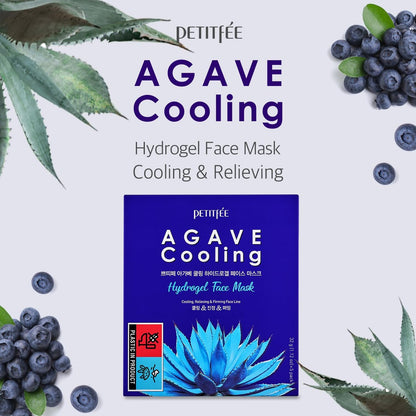 Petitfee Agave Cooling Hydrogel Face Mask 5ea - Quick Calming Facial Mask with Blue Energy Complex, Agave, Blueberry, Eggplant, Caffeine Extracts, Moisturizing, Soothing Care