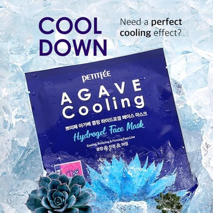 Petitfee Agave Cooling Hydrogel Face Mask 5ea - Quick Calming Facial Mask with Blue Energy Complex, Agave, Blueberry, Eggplant, Caffeine Extracts, Moisturizing, Soothing Care