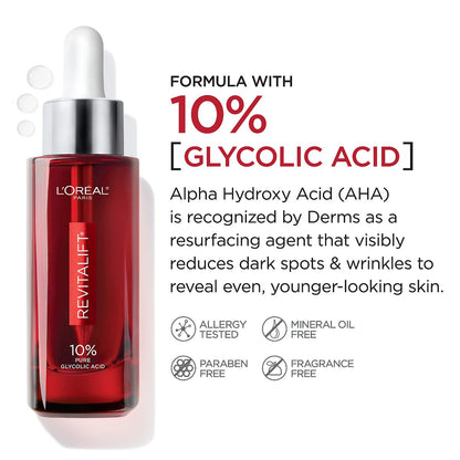 L'Oreal Paris Revitalift 10% Pure Glycolic Acid Face Serum - Visibly Evens Tone & Reduces Wrinkles, Fragrance Free, 1.0 fl oz