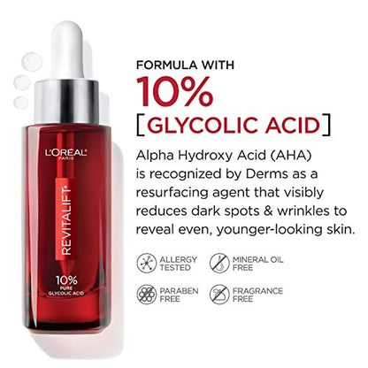 L'Oreal Paris Revitalift 10% Pure Glycolic Acid Face Serum - Visibly Evens Tone & Reduces Wrinkles, Fragrance Free, 1.0 fl oz