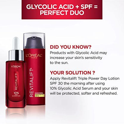 L'Oreal Paris Revitalift 10% Pure Glycolic Acid Face Serum - Visibly Evens Tone & Reduces Wrinkles, Fragrance Free, 1.0 fl oz