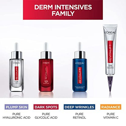 L'Oreal Paris Revitalift 10% Pure Glycolic Acid Face Serum - Visibly Evens Tone & Reduces Wrinkles, Fragrance Free, 1.0 fl oz