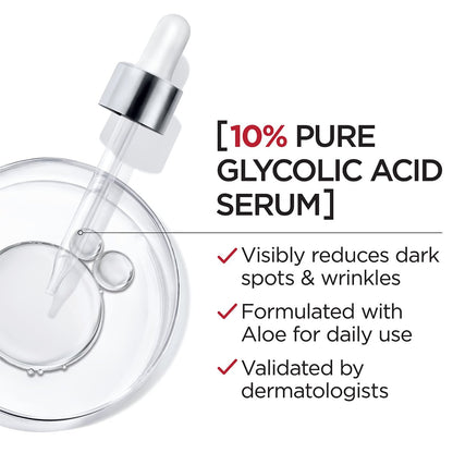 L'Oreal Paris Revitalift 10% Pure Glycolic Acid Face Serum - Visibly Evens Tone & Reduces Wrinkles, Fragrance Free, 1.0 fl oz