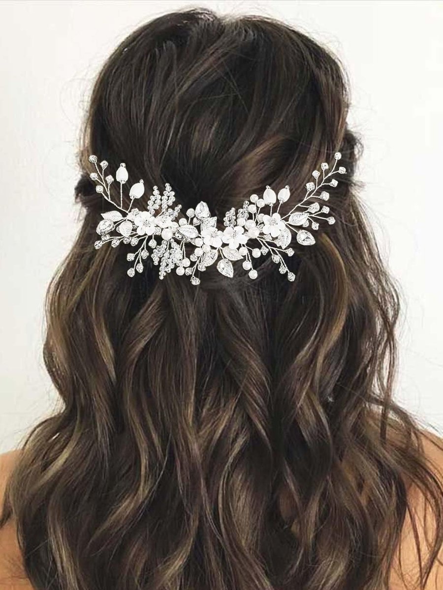 Catery Flower Bridal Hair Vine Silver Crystal Pearl Bride Wedding Headpieces Leaf Hair Accessories for Women and Girls - görsel 1