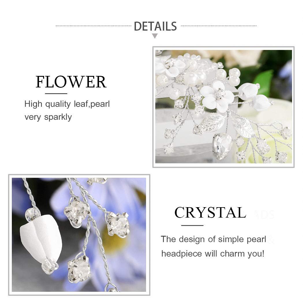 Catery Flower Bridal Hair Vine Silver Crystal Pearl Bride Wedding Headpieces Leaf Hair Accessories for Women and Girls - görsel 10