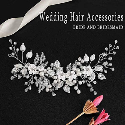 Catery Flower Bridal Hair Vine Silver Crystal Pearl Bride Wedding Headpieces Leaf Hair Accessories for Women and Girls